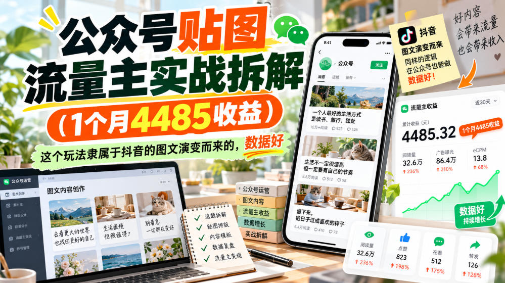 公众号贴图流量主实战拆解(1个月4485收益)，这个玩法隶属于抖音的图文演变而来的，数据好-资源宝库