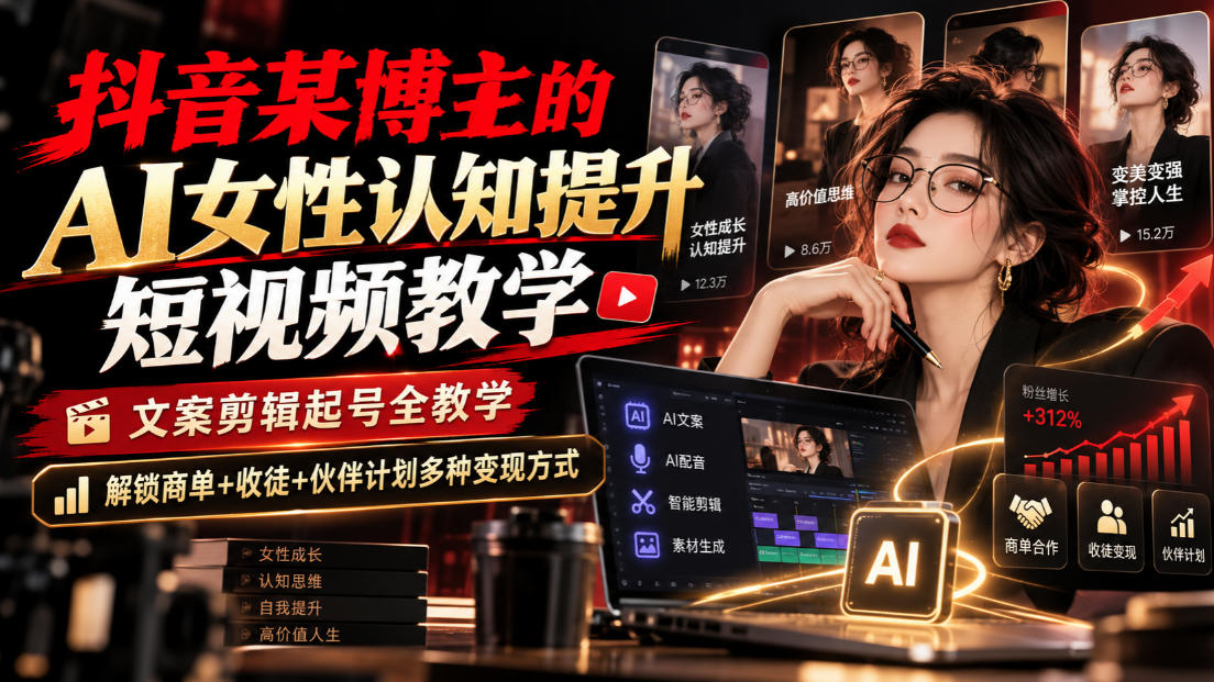 抖音某博主的Ai女性认知提升短视频教学，文案剪辑起号全教学，解锁商单+收徒+伙伴计划多种变现方式-资源宝库