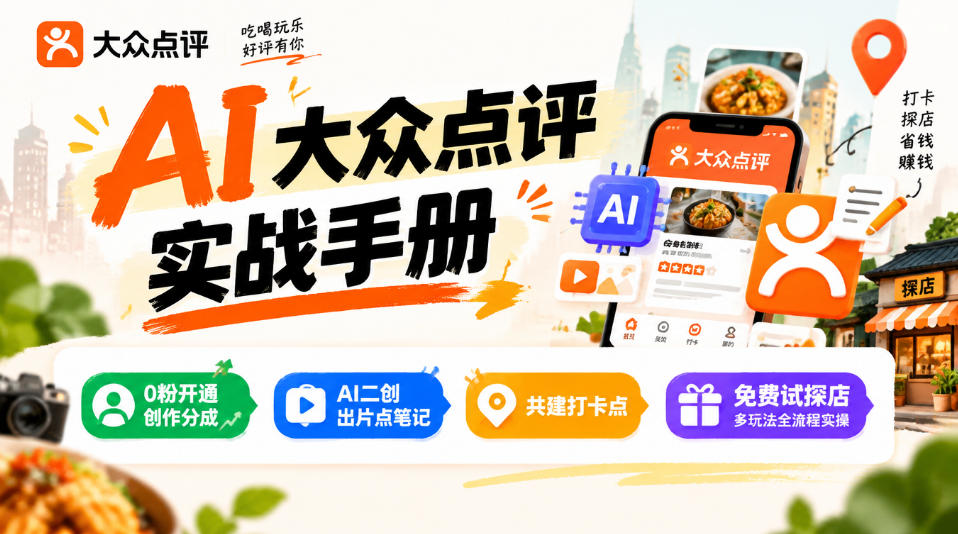 某局的AI大众点评实战手册,0粉开通创作分成、AI二创出片点笔记、共建打卡点、免费试探店多玩法全流程实操-资源宝库