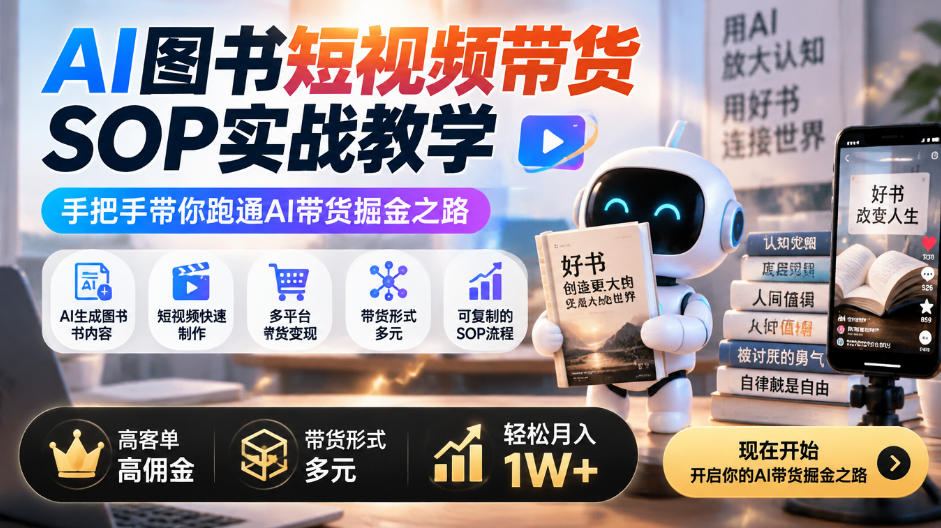 AI图书短视频带货SOP实战教学,手把手带你跑通AI带货掘金之路,高客单高佣金,带货形式多元,轻松月入1W+-资源宝库