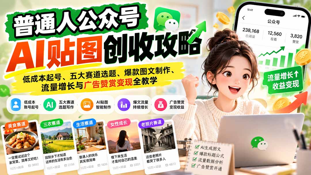 普通人公众号AI贴图创收攻略:低成本起号、五大赛道选题、爆款图文制作、流量增长与广告赞赏变现全教学-资源宝库