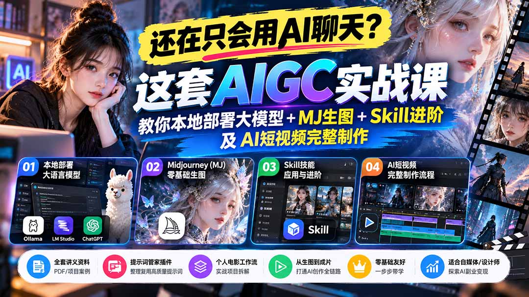 【无水印】还在只会用AI聊天？这套AIGC实战课教你本地部署大模型+MJ生图+Skill进阶及AI短视频完整制作-资源宝库