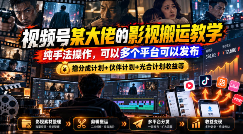 视频号某大佬的影视搬运教学,纯手法操作,可以多个平台可以发布,撸分成计划+伙伴计划+光合计划收益等-资源宝库