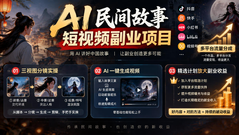 AI民间故事短视频副业项目,多平台流量分成,三视图分镜实操,精选计划放大副业收益-资源宝库