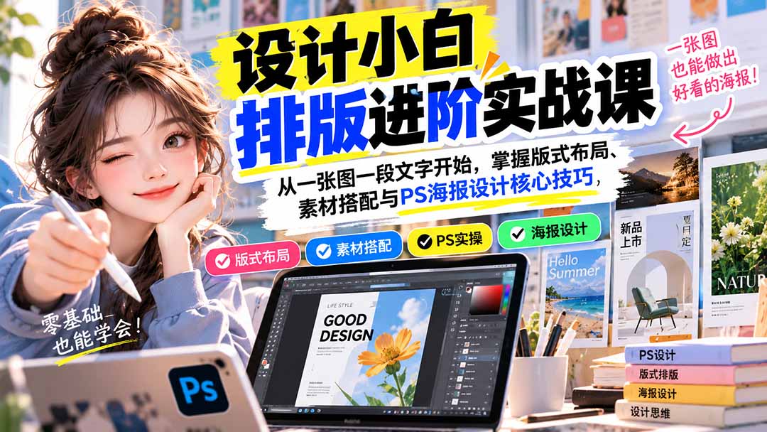 设计小白排版进阶实战课:从一张图一段文字开始,掌握版式布局、素材搭配与PS海报设计核心技巧-资源宝库