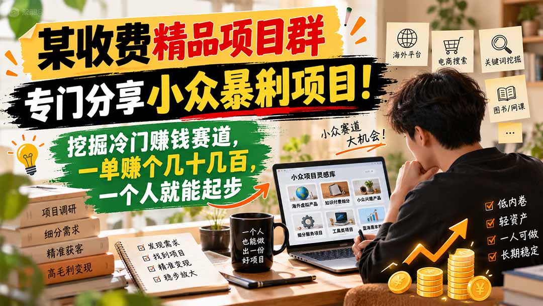 某收费精品项目群，专门分享小众暴俐项目！挖掘冷门赚钱赛道，一单赚个几十几百，一个人就能起步-资源宝库
