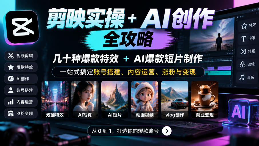 剪映实操+AI创作全攻略|几十种爆款特效+AI爆款短片制作,一站式搞定账号搭建、内容运营、涨粉与变现-资源宝库