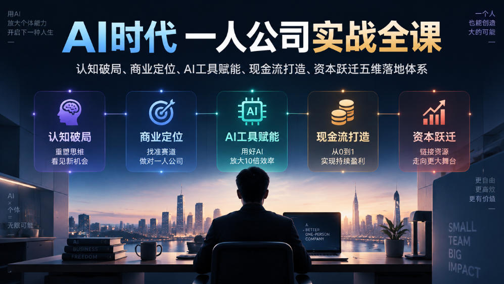 AI时代一人公司实战全课|认知破局、商业定位、AI工具赋能、现金流打造、资本跃迁五维落地体系-资源宝库