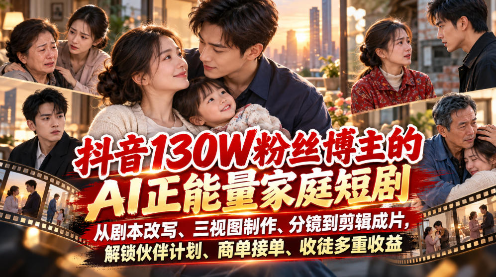 抖音130W粉丝博主的AI正能量家庭短剧,从剧本改写、三视图制作、分镜到剪辑成片,解锁伙伴计划、商单接单、收徒多重收益(更新1007)-资源宝库