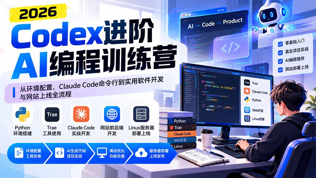 Codex进阶AI编程训练营:从环境配置、Claude Code命令行到实用软件开发与网站上线全流程-资源宝库