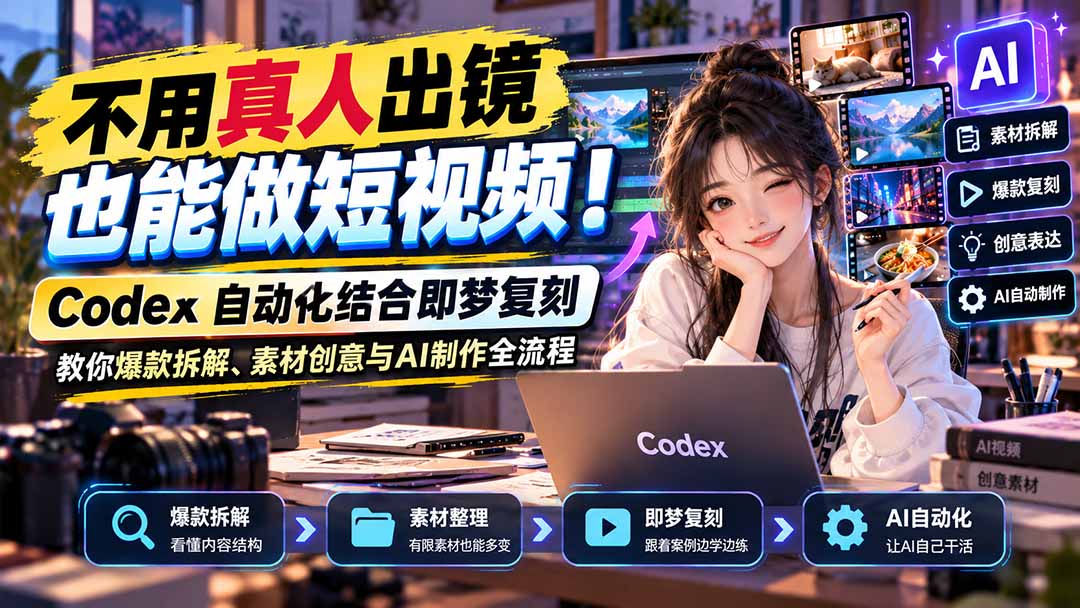 不用真人出镜也能做短视频！Codex自动化结合即梦复刻，教你爆款拆解、素材创意与AI制作全流程-资源宝库