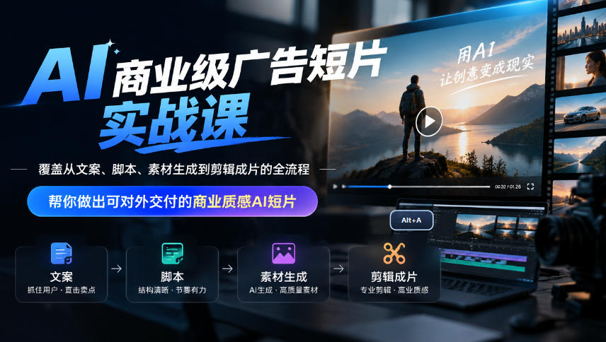 AI商业级广告短片实战课,覆盖从文案、脚本、素材生成到剪辑成片的全流程,帮你做出可对外交付的商业质感AI短片-资源宝库