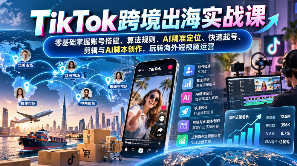TikTok跨境出海实战课:零基础掌握账号搭建、算法规则、AI精准定位、快速起号、剪辑与AI脚本创作,玩转海外短视频运营-资源宝库