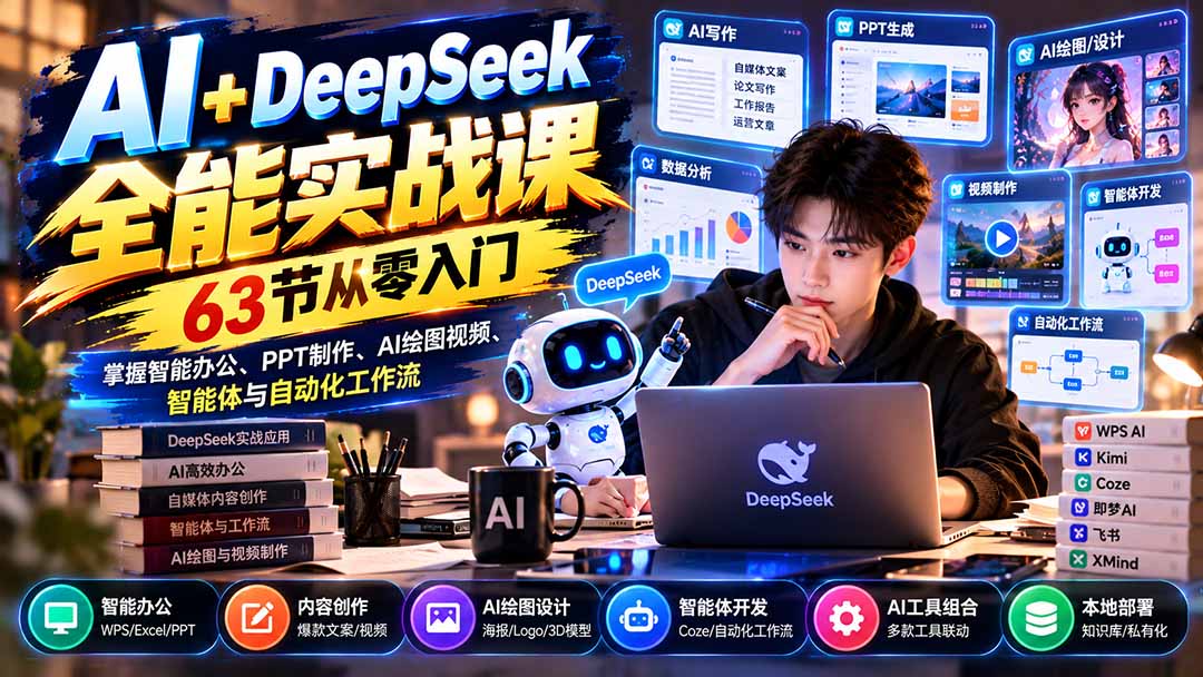 AI+DeepSeek全能实战课：63节从零入门，掌握智能办公、PPT制作、AI绘图视频、智能体与自动化工作流-资源宝库