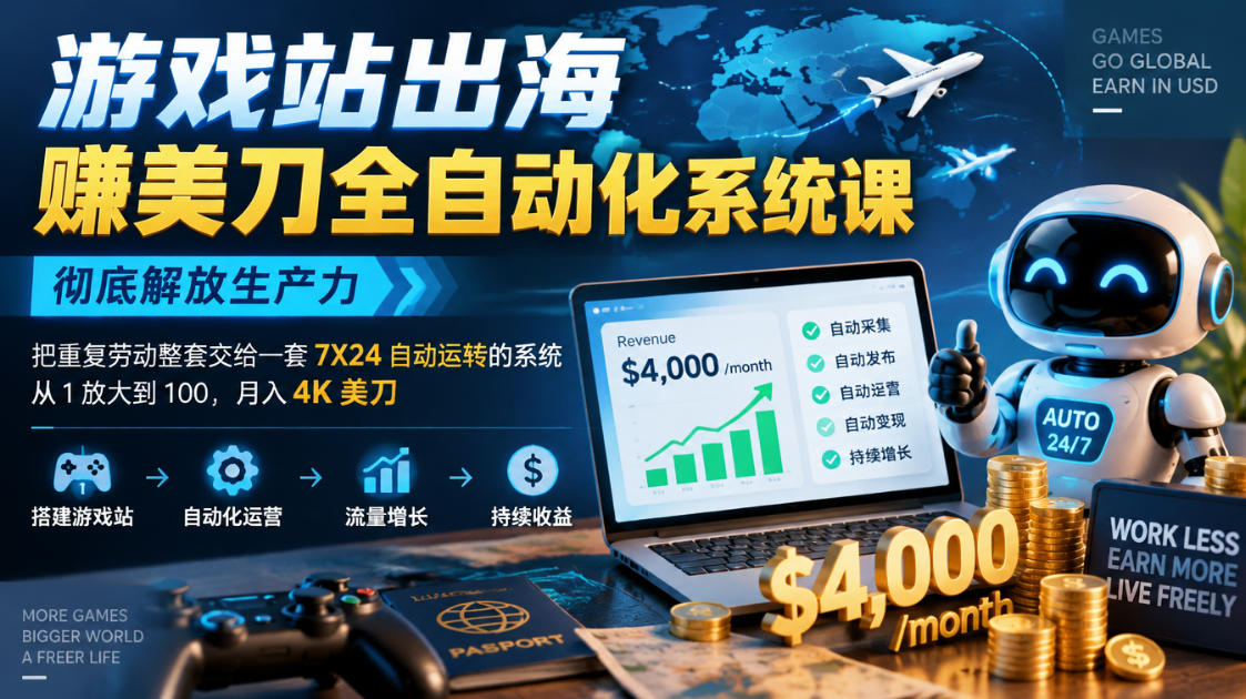 游戏站出海賺美刀全自动化系统课,彻底解放生产力–把重复劳动整套交给一套7X24自动运转的系统,从1放大到100,月入4K美刀-资源宝库