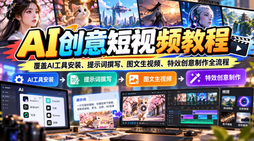 AI创意短视频教程，覆盖AI工具安装、提示词撰写、图文生视频、特效创意制作全流程-资源宝库