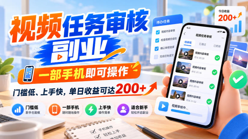 视频任务审核副业，一部手机即可操作，门槛低、上手快，单日收益可达200+【揭秘】-资源宝库