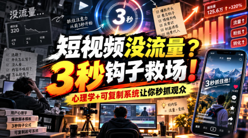 【无水印】短视频没流量?3秒钩子救场!心理学+可复制系统让你秒抓观众【原创双语字幕】-资源宝库