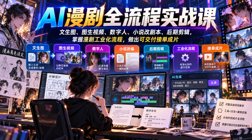 AI漫剧全流程实战课,文生图、图生视频、数字人、小说改剧本、后期剪辑,掌握漫剧工业化流程,做出可交付接单成片-资源宝库