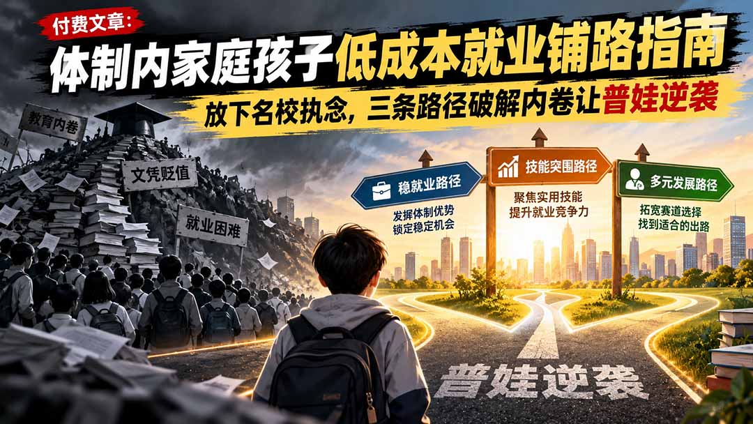 付费文章:体制内家庭孩子低成本就业铺路指南,放下名校执念,三条路径破解内卷让普娃逆袭-资源宝库