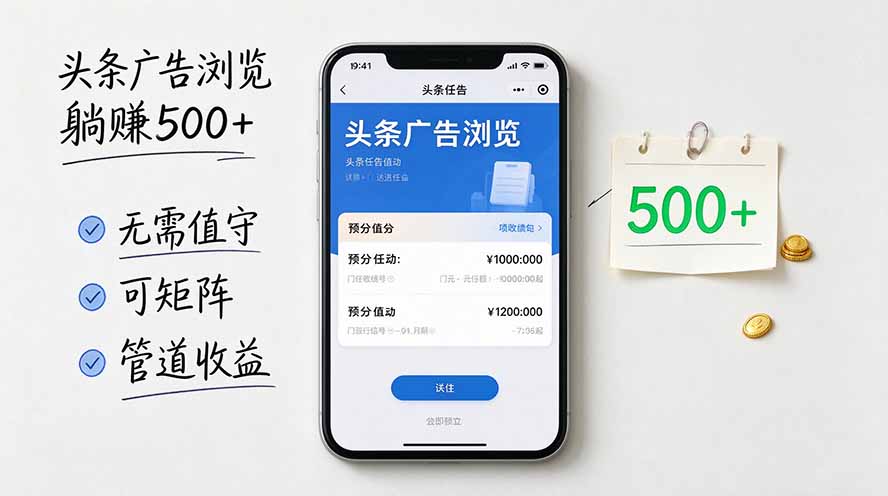 头条广告浏览躺赚500+无需值守,可矩阵并附有管道收益-资源宝库