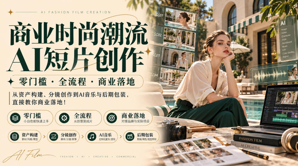 商业时尚潮流AI短片创作|零门槛・全流程・商业落地,从资产构建、分镜创作到AI音乐与后期包装,直接教你商业落地!-资源宝库
