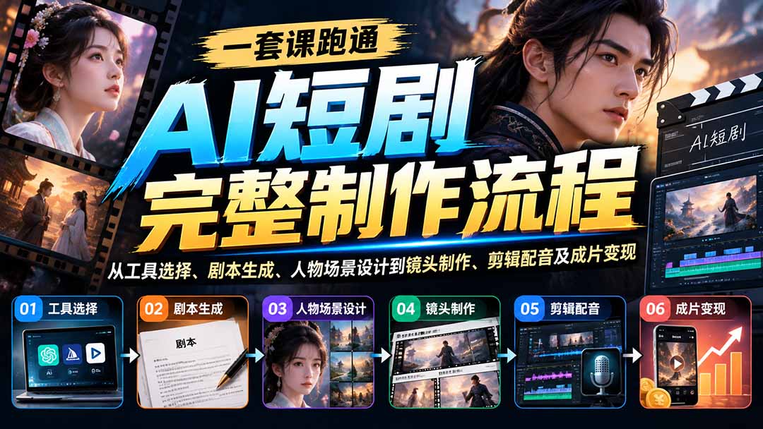 一套课跑通AI短剧完整制作流程：从工具选择、剧本生成、人物场景设计到镜头制作、剪辑配音及成片变现-资源宝库
