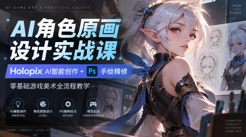 AI角色原画设计实战课|Holopix AI智能创作+PS手绘精修,零基础游戏美术全流程教学-资源宝库