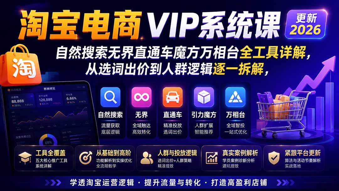 2026淘宝电商终局之战VIP课-更新1015：自然搜索+直通车+无界+精准人群，系统掌握测款动销与全店推广布局方法-灼光资源宝库