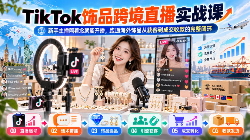 TikTok饰品跨境直播实战课，新手主播照着念就能开播，跑通海外饰品从获客到成交收款的完整闭环-资源宝库