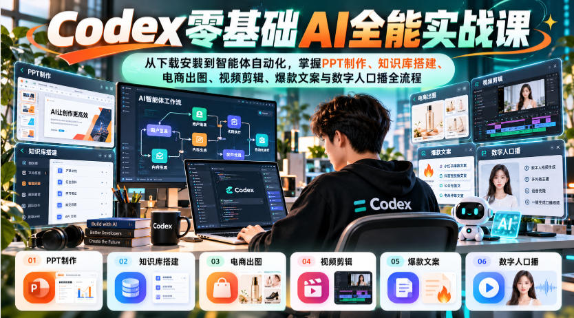 Codex零基础AI全能实战课：从下载安装到智能体自动化，掌握知识库搭建、电商出图、视频剪辑、爆款文案与数字人口播全流程-资源宝库