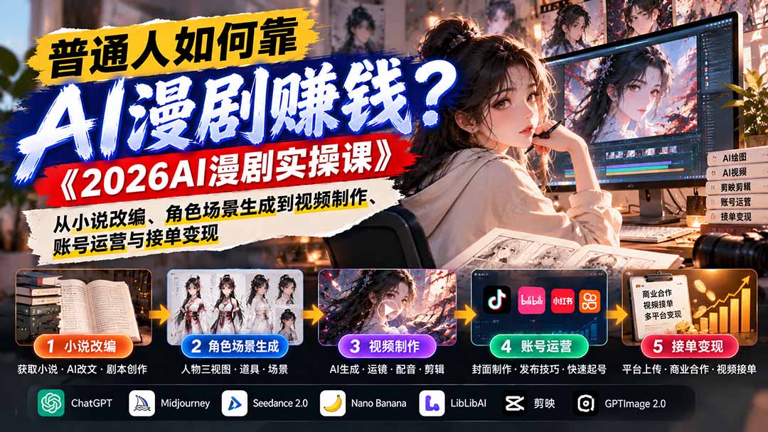 普通人如何靠AI漫剧赚钱？《2026AI漫剧实操课》从小说改编、角色场景生成到视频制作、账号运营与接单变现-灼光资源宝库