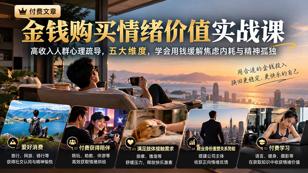 付费文章：金钱购买情绪价值实战课｜高收入人群心理疏导，五大维度，学会用钱缓解焦虑内耗与精神孤独-资源宝库
