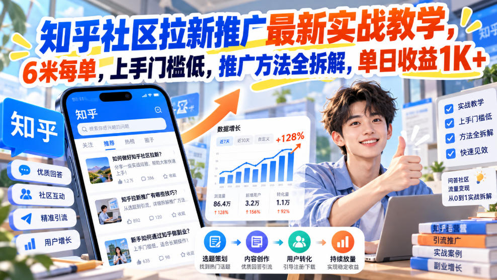 知乎社区拉新推广最新实战教学,6米每单,上手门槛低,推广方法全拆解,单日收益1K+!(更新1010)-资源宝库