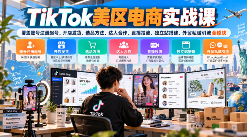 TikTok美区电商实战课,覆盖账号注册起号、开店发货、选品方法、达人合作、直播投流、独立站搭建、外贸私域引流全模块-资源宝库