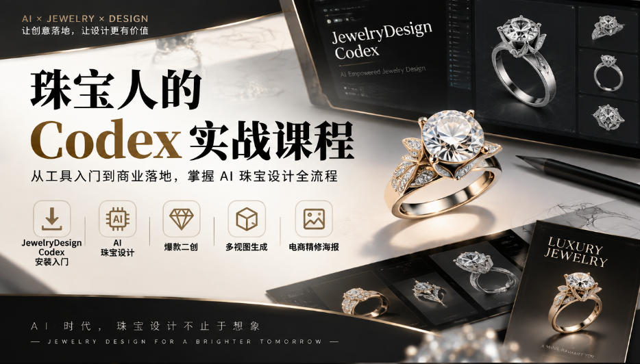 珠宝人的Codex实战课程|JewelryDesign Codex安装入门、AI珠宝设计、爆款二创、多视图生成、电商精修海报全链路教学-资源宝库
