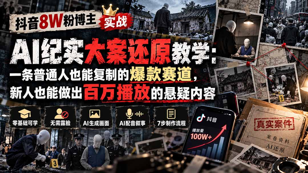 抖音8W粉博主AI纪实大案还原教学:一条普通人也能复制的爆款赛道,新人也能做出百万播放的悬疑内容-资源宝库