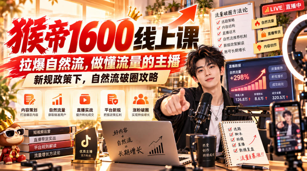 猴帝1600线上课，拉爆自然流，做懂流量的主播，新规政策下，自然流破圈攻略【更新261023】-资源宝库
