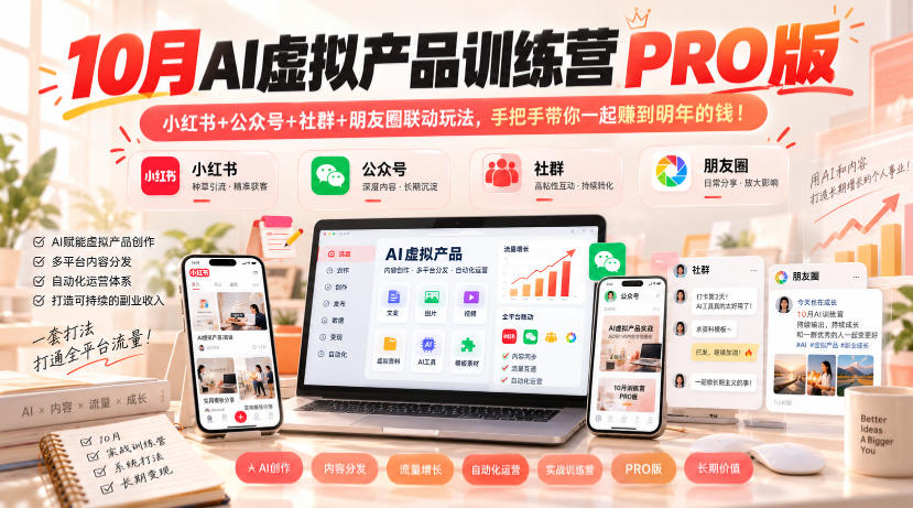 10月AI虚拟产品训练营PRO版，小红书+公众号+社群+朋友圈联动玩法，手把手带你一起赚到明年的钱！-灼光资源宝库