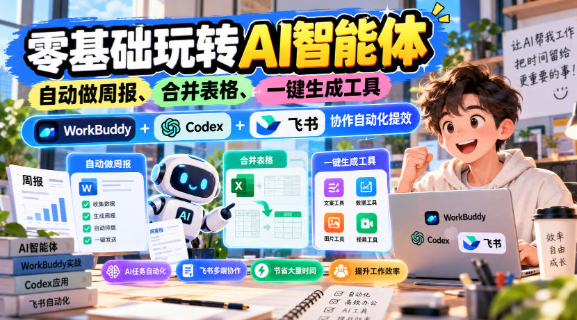 【无水印】零基础玩转AI智能体,自动做周报、合并表格、一键生成工具,WorkBuddy+Codex + 飞书协作自动化提效-资源宝库