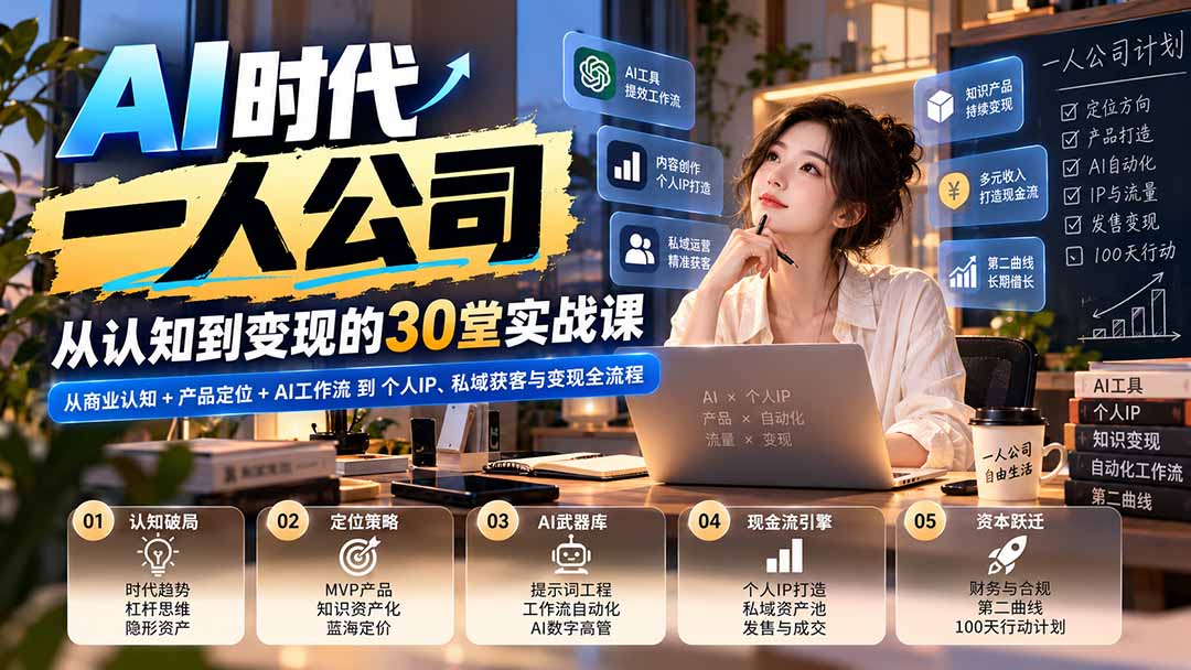 【无水印】AI时代一人公司30堂实战课:从商业认知+产品定位+AI工作流到个人IP、私域获客与变现全流程-资源宝库