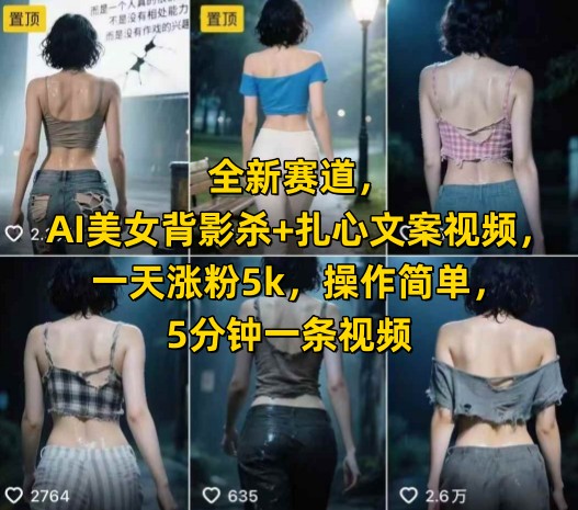 全新赛道，AI美女背影杀+扎心文案视频，一天涨粉5k，操作简单，5分钟一条视频-资源宝库