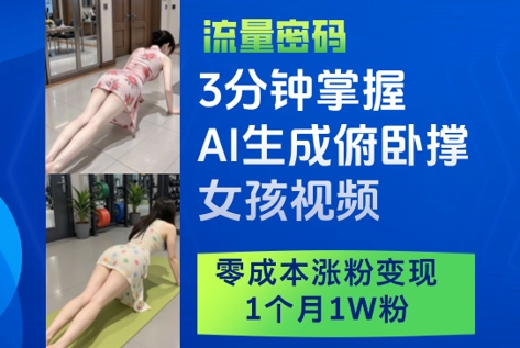 3分钟掌握AI生成俯卧撑女孩视频,零成本涨粉变现,1个月1W粉-资源宝库