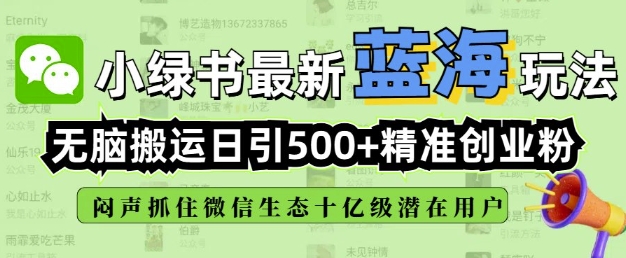 小绿书无脑搬运引流，全自动日引500精准创业粉，微信生态内又一个闷声发财的机会-资源宝库