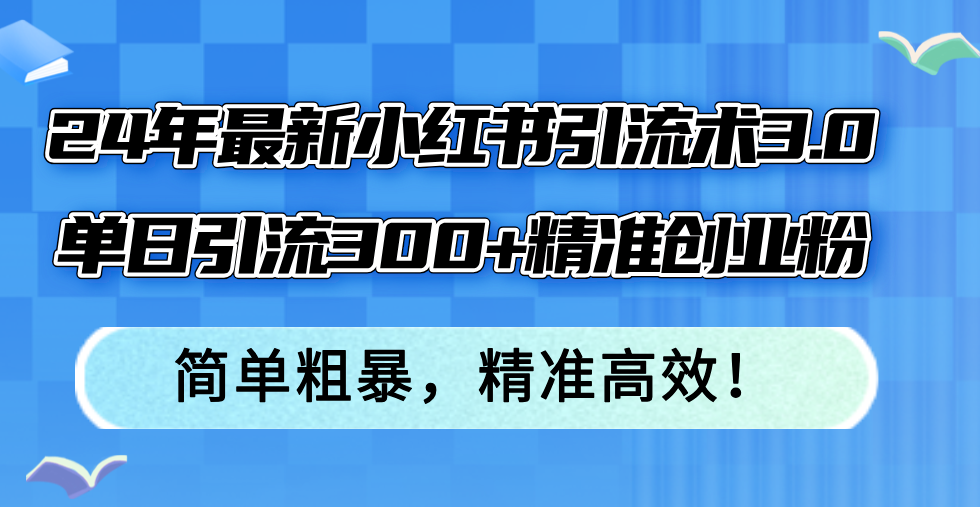 24年最新小红书引流术3.0，单日引流300+精准创业粉，简单粗暴，精准高效！-资源宝库