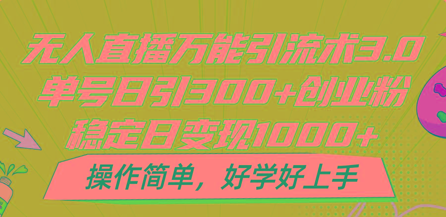 无人直播万能引流术3.0，单号日引300+创业粉，稳定日变现1000+，操作简单-资源宝库