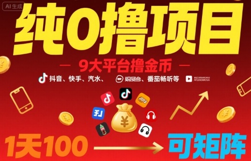 纯0撸项目，9大平台撸金币，抖音，快手，汽水，番茄畅听等，1天100，可矩阵-资源宝库