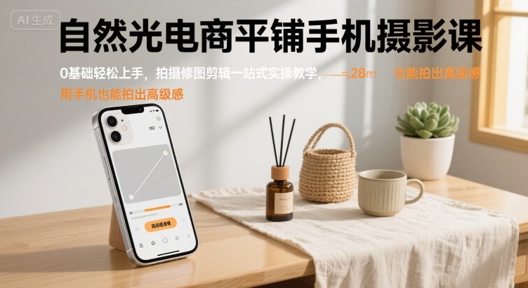 自然光电商平铺手机摄影课,0基础轻松上手,拍摄修图剪辑一站式实操教学,用手机也能拍出高级感-资源宝库