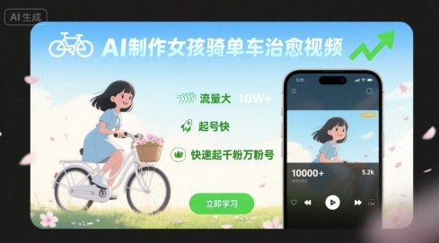 AI制作女孩骑单车治愈视频,流量大,起号快,快速起千粉万粉号-资源宝库