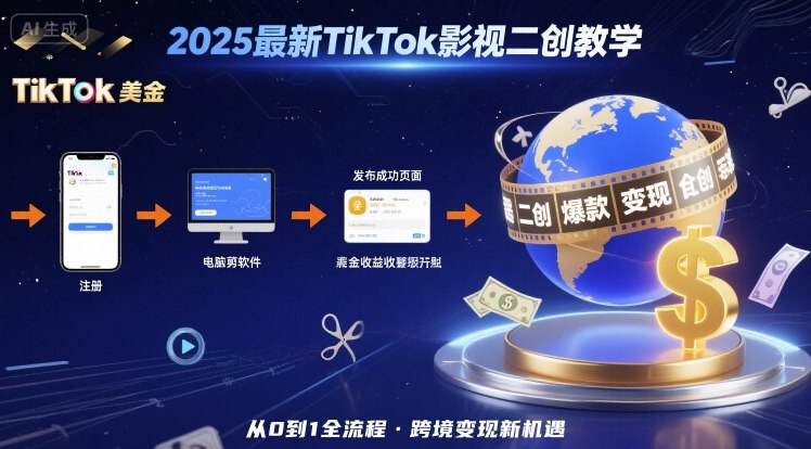 2025年最新TikTok影视二创教学，从注册到发布撸美金全流程，跨境变现新机遇-资源宝库